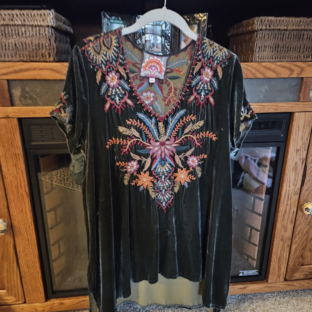Johnny Was Dark Green Embroidered Velvet Blouse